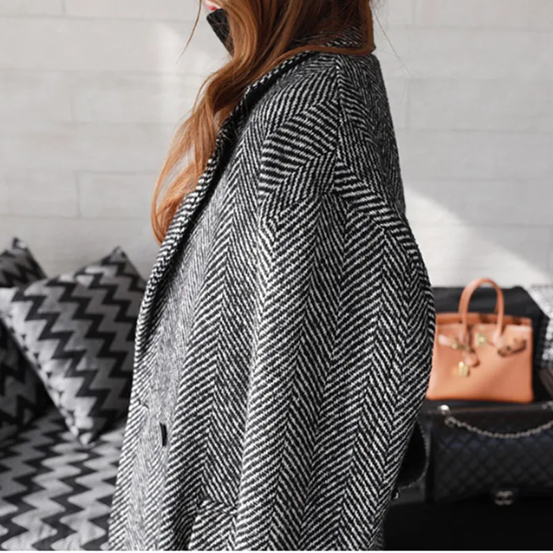 Трендовое женское двубортное пальто длинное черное в полоску|wool coat women|fashion wool