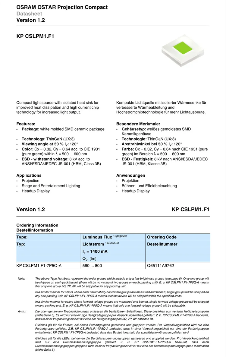 2 шт. OSRAM KP CSLPM1.F1 20 Вт высокомощный светодиодный зеленый свет сценический свет проектор Источник света 3030 дальний фонарик фитиль