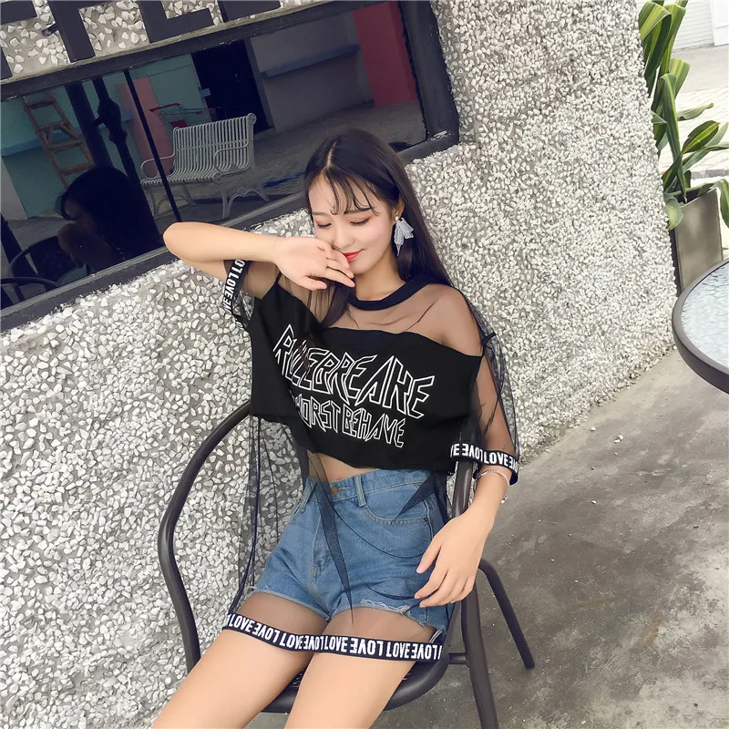 Camisetas Mujer летняя модная футболка Топ Женская одежда корейский стиль Harajuku сетчатая перспективная футболка женские свободные футболки