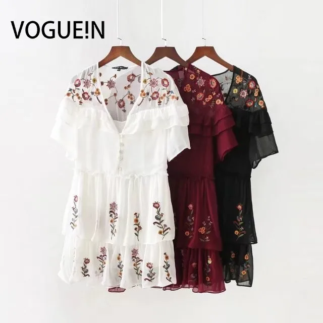 VOGUEIN Новое Женское винтажное мини платье с вышивкой и глубоким v образным вырезом