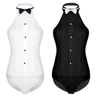 women sexy haltered wing tip collar tuxedo shirt one piece bow tie bodysuit sleeveless body suit for work club casual wear