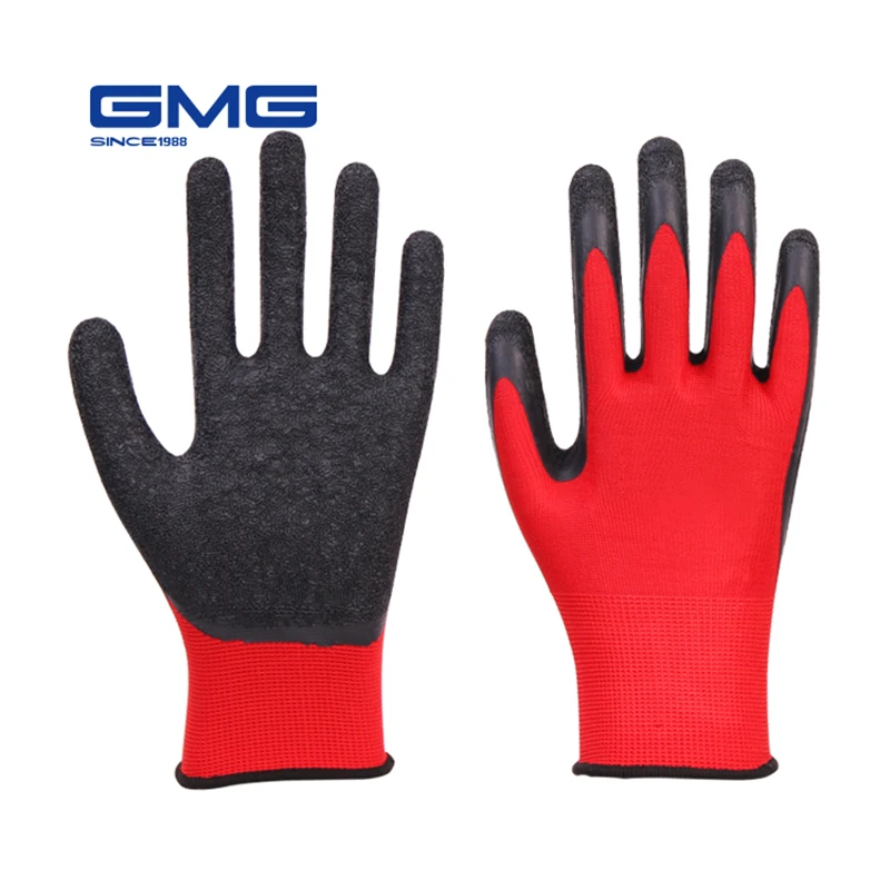 

Working Gloves Men GMG CE Certificated EN388 Red Polyester Black Latex Crinkle Work Safety Gloves Protective Gloves Work Man