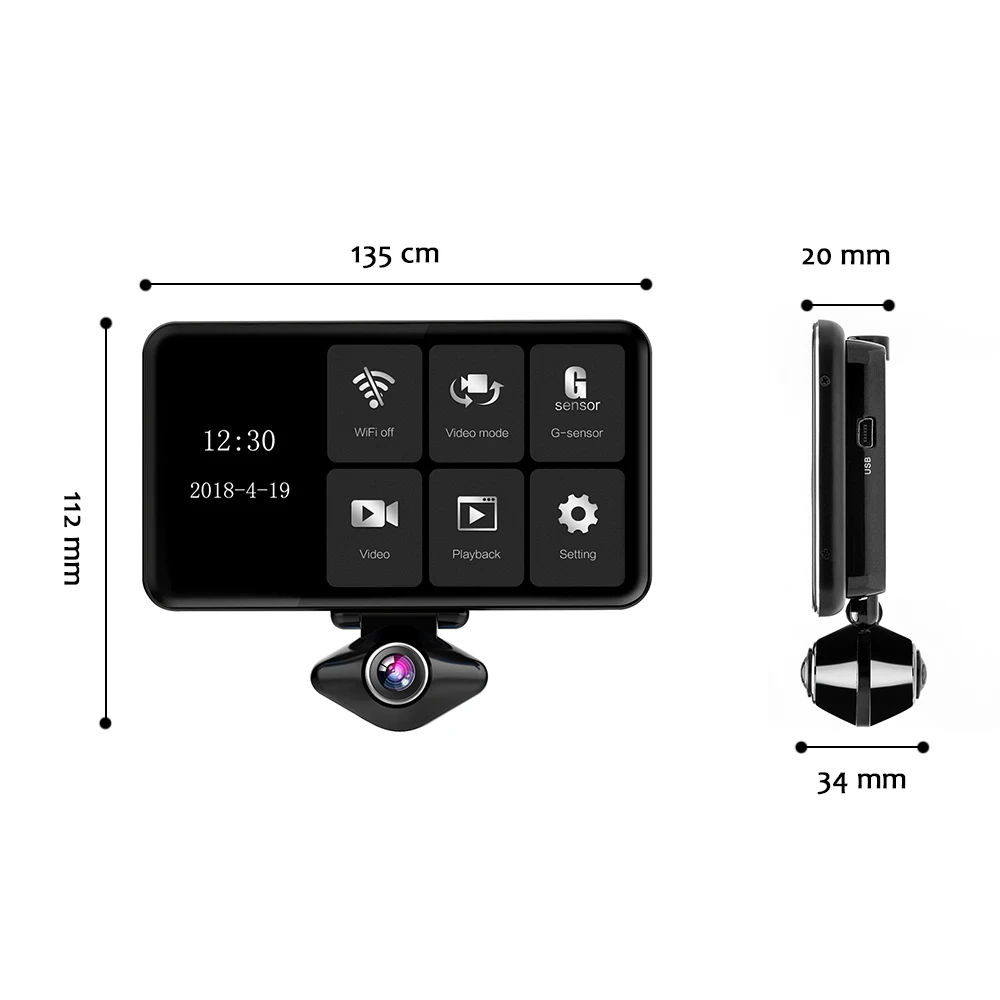 Podofo 720 градусов VR камера Wi Fi 360 панорама 5 ''автомобильный рекордер 1080FHD ips экран
