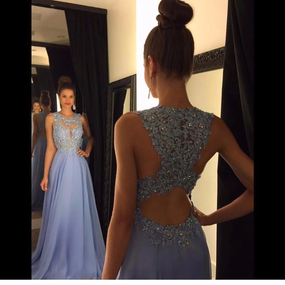 

Real Photo Sexy O Neck A Line Prom Dresses 2021 Chiffon Lace Appliques Beaded Light Blue Court Train Long Evening Gowns