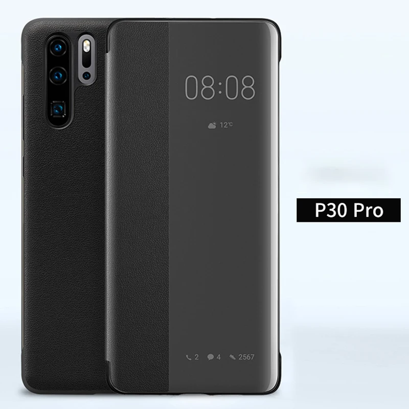 Для huawei P30 Pro, умный флип-чехол с окошком для просмотра, Кожаный противоударный чехол, роскошный зеркальный флип-чехол, Капа для huawei P30 Pro Fundas - Цвет: Black