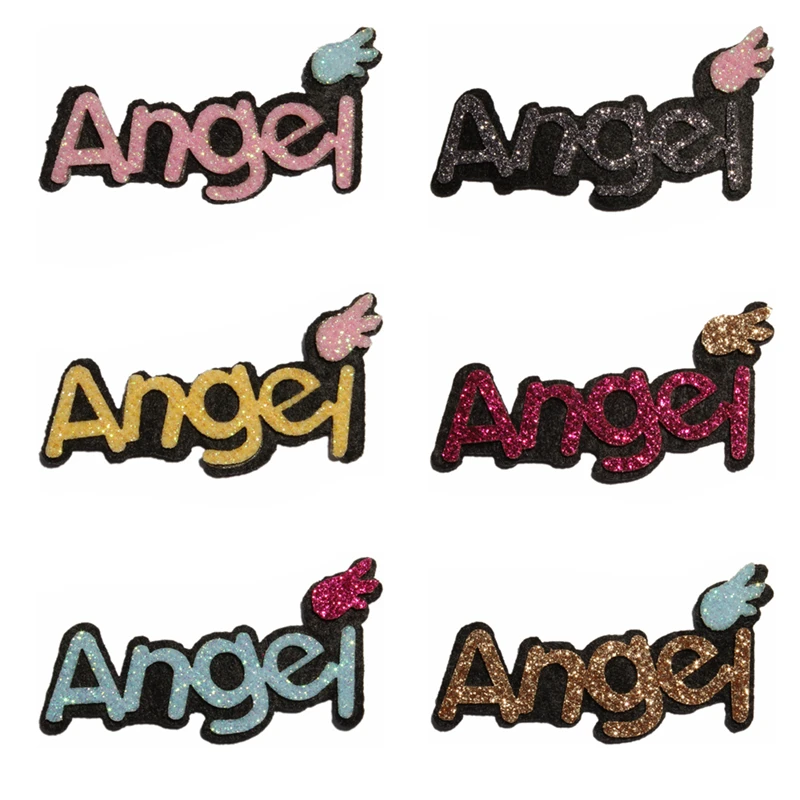 

120PCS 6Colors Fashion Glitter ANGEL Letter Nonwovens Felt Patches for Garments Decoration Newborn Shiny Appliques for Wedding