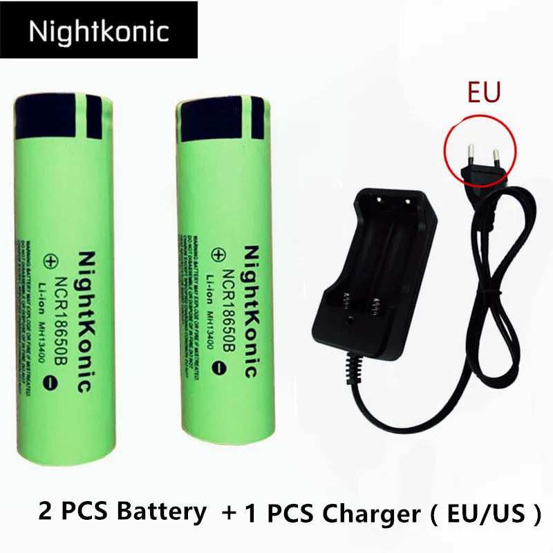 Original Nightkonic 2 Pieces/lot 18650 battery 3.7V Li-ion Rechargeable Battery 18650B + 1 PCS EU/US slot Charger | Электроника