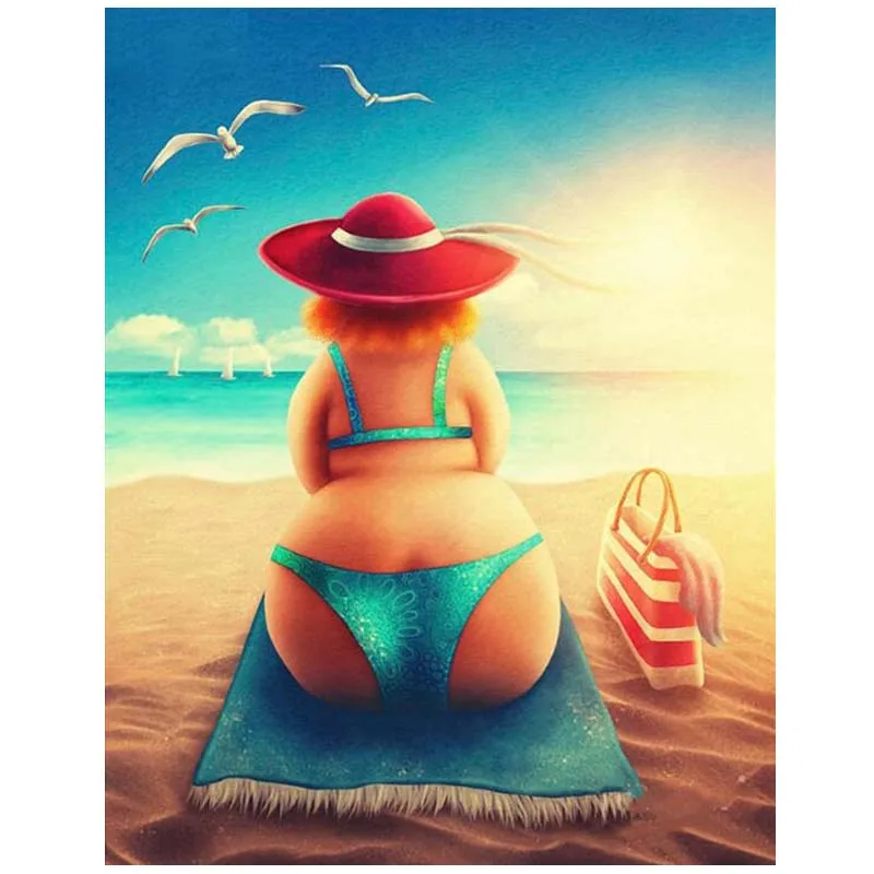 

Full Square Round 5D Diy Diamond Painting woman Fat Lady on Beach diamond Embroidery Cross Stitch Rhinestone Mosaic Decor WG989