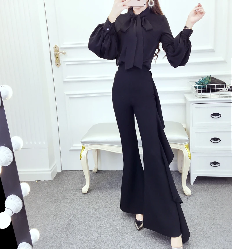 

Bow spring lantern sleeve blouse high waist pants suit girl slim design clothing set women outfit special style solid costume