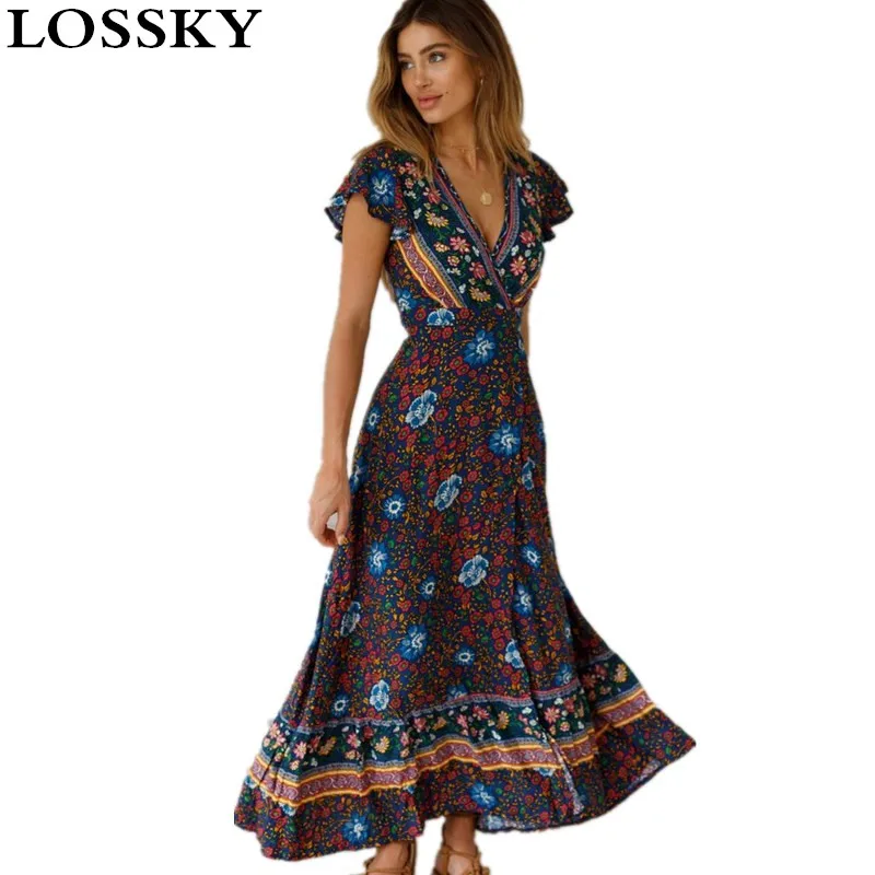 Женское летнее Пляжное Платье макси с цветочным принтом сексуальные платья V