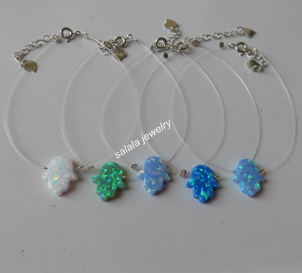 Промо акция! 925 пробы Серебряная прозрачная нейлоновая цепь Хамса опал браслет