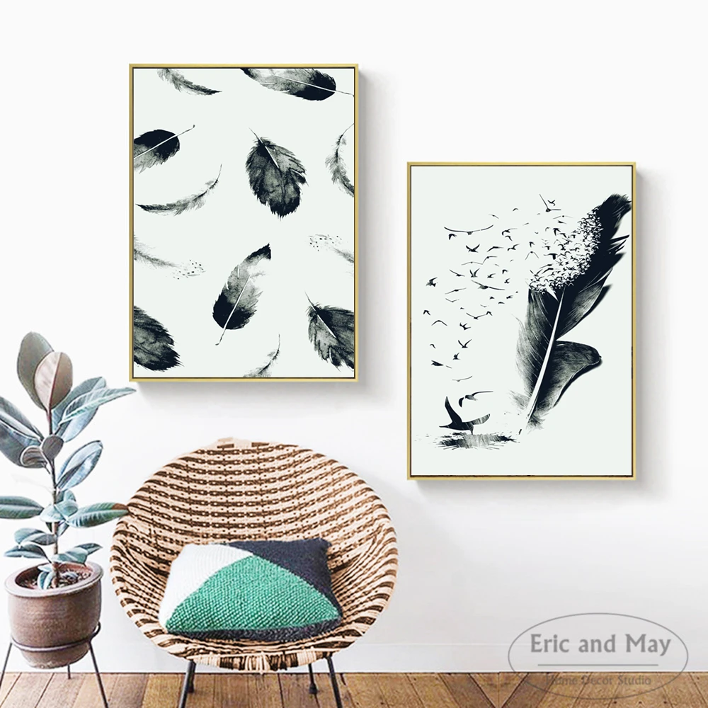 Feather Wings Black and White Art Canvas Painting Wall Nordic Decoration Home Modern Poster For Living Room Print Picture | Дом и сад