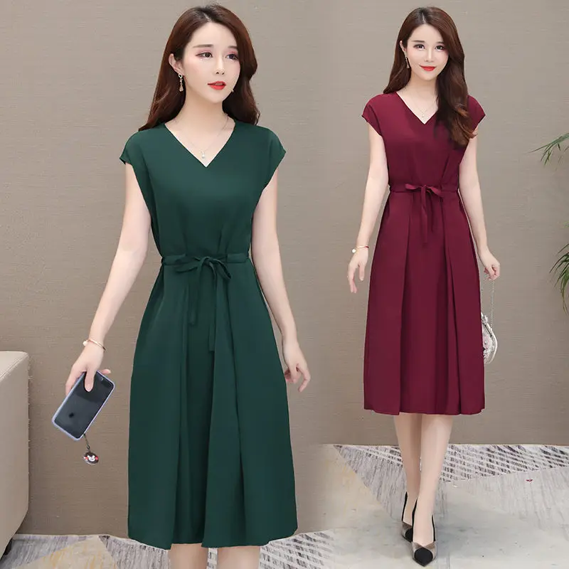 Большие размеры Корея Новая мода элегантное красное однотонное шифоновое платье