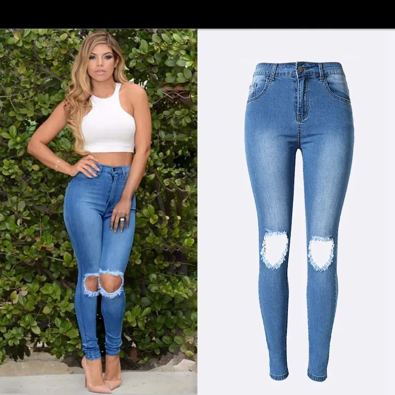 PADAUNGY отверстие Джеггинсы Высокая Талия Джинсы для женщин рваные Pantalon Taille Haute Femme