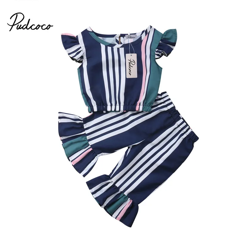 Navy Blue Популярная новинка, полосатая футболка без рукавов для маленьких девочек+ расклешенные длинные штаны, комплект одежды, повседневная одежда летние костюмы От 1 до 5 лет - Цвет: Navy Blue