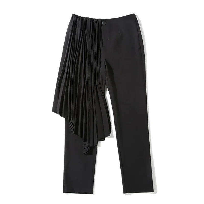 LANMREM 2019 весна новые плиссированные Лоскутные черные брюки для женщин