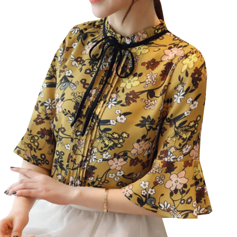 Новинка 2017 летняя шифоновая блузка с цветочным принтом женские повседневные