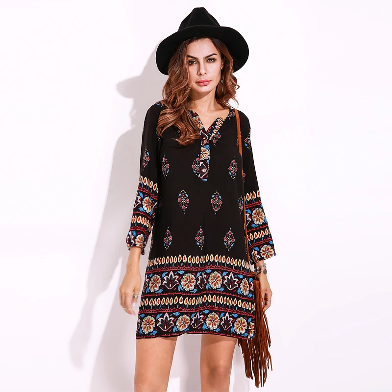 Для женщин Повседневное Этническая Boho Стиль свободные Ретро V шеи платья с
