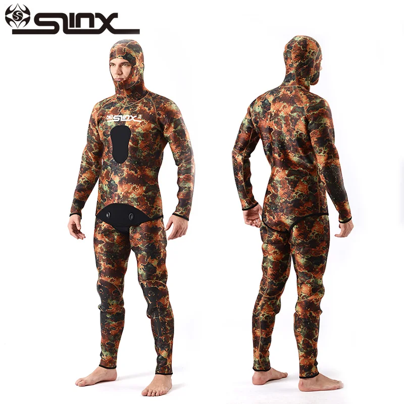 

SLINX 5MM Tankinis Men Camouflage Hooded Wetsuit Neoprene Two-piece Scuba Diving Suit for Fishermen Spearfishing Size XS-XXXL