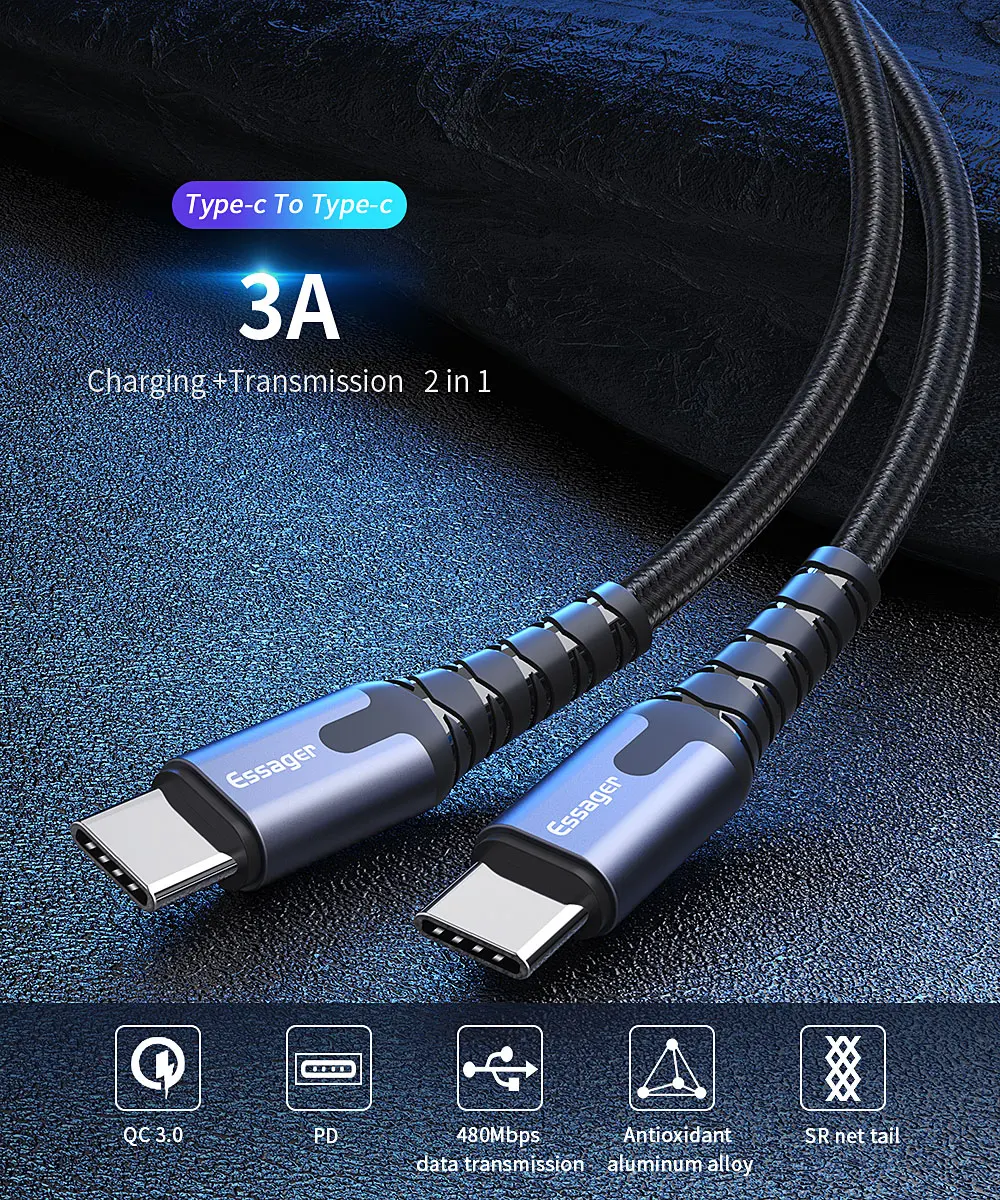 Кабель Essager 60W 3A usb type C-usb type C для быстрой зарядки samsung type-c USbC PD зарядное устройство для Macbook USB-C кабель usb type C