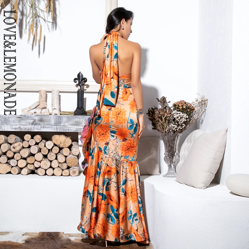 Женское платье макси LOVE & LEMONADE оранжевое с разрезом на боку и оборками модель