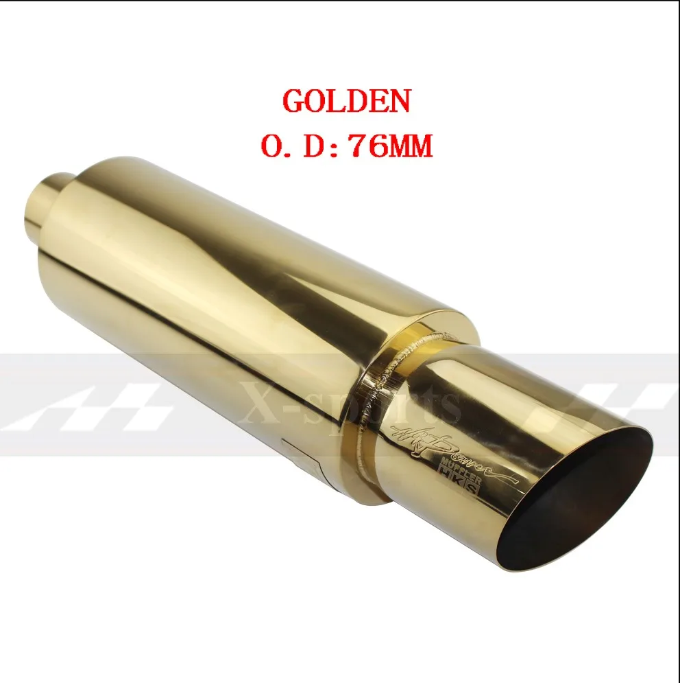golden O.D 76MM Car Styling Exhaust System Pipe Tail Universal Racing Muffler High Quality Stainless Steel 2.5"3"To 4" Mufflers oblique - Color: golden O.D 76MM