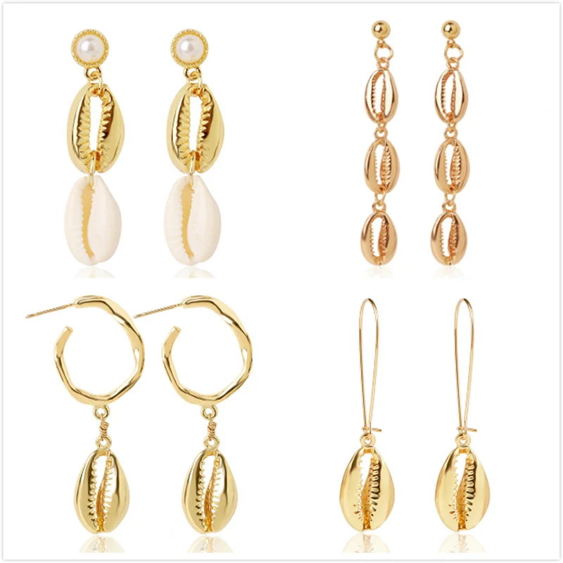 Женские серьги капельки из ракушки Длинные геометрические золотого