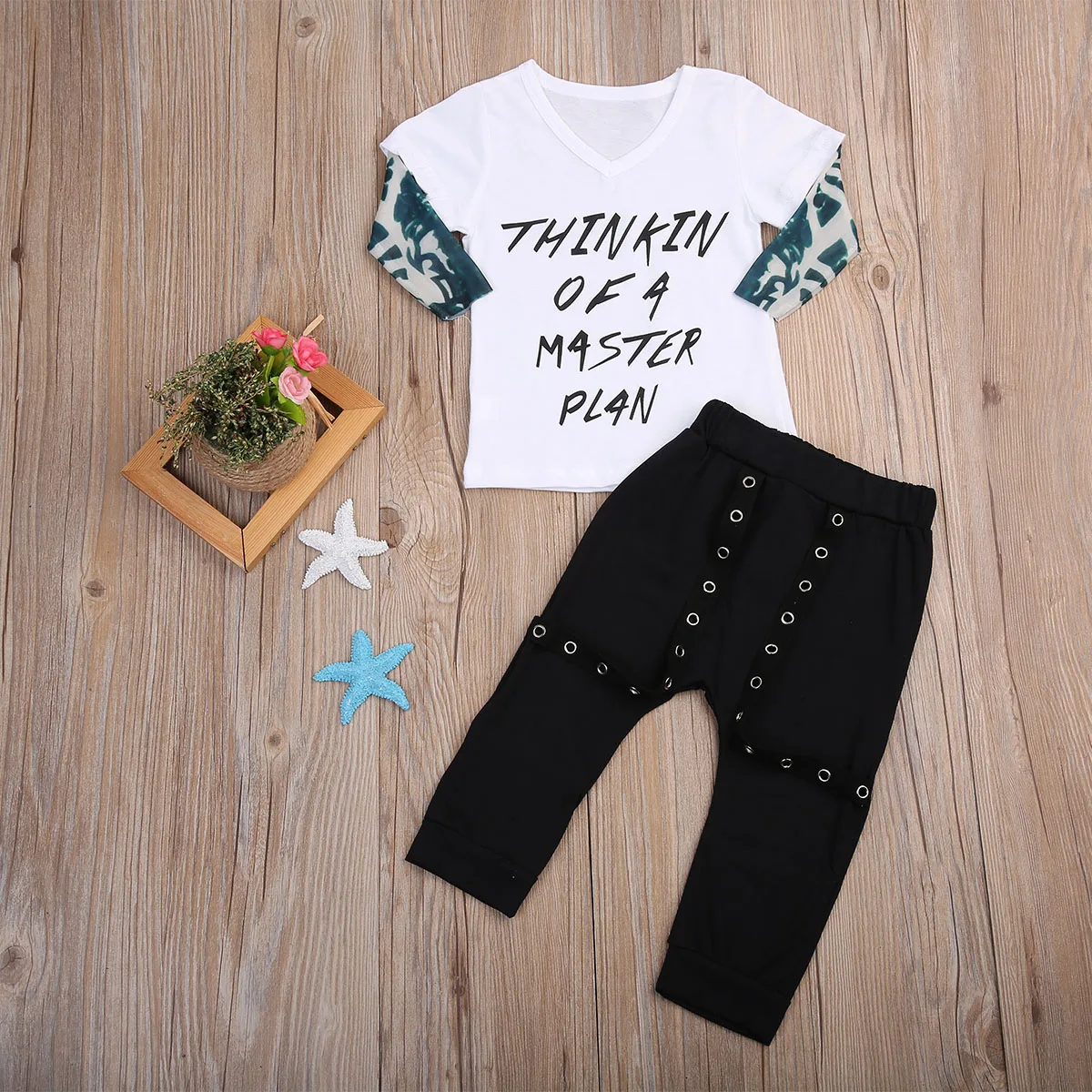 2 piece Baby Infant Toddler Boys Clothing Outfits Set Letters Tattoo Sleeve T shirt Thinkin of a master plan slogan set |