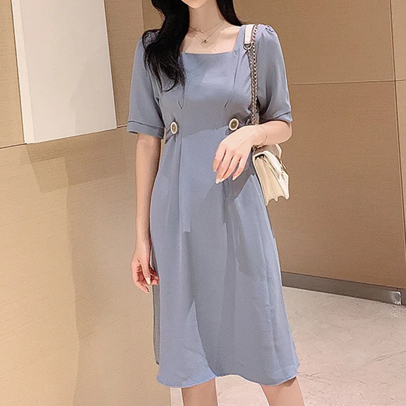 

Женское облегающее платье с высокой талией, элегантное офисное платье синего и черного цвета с коротким рукавом и квадратным вырезом, лето ...