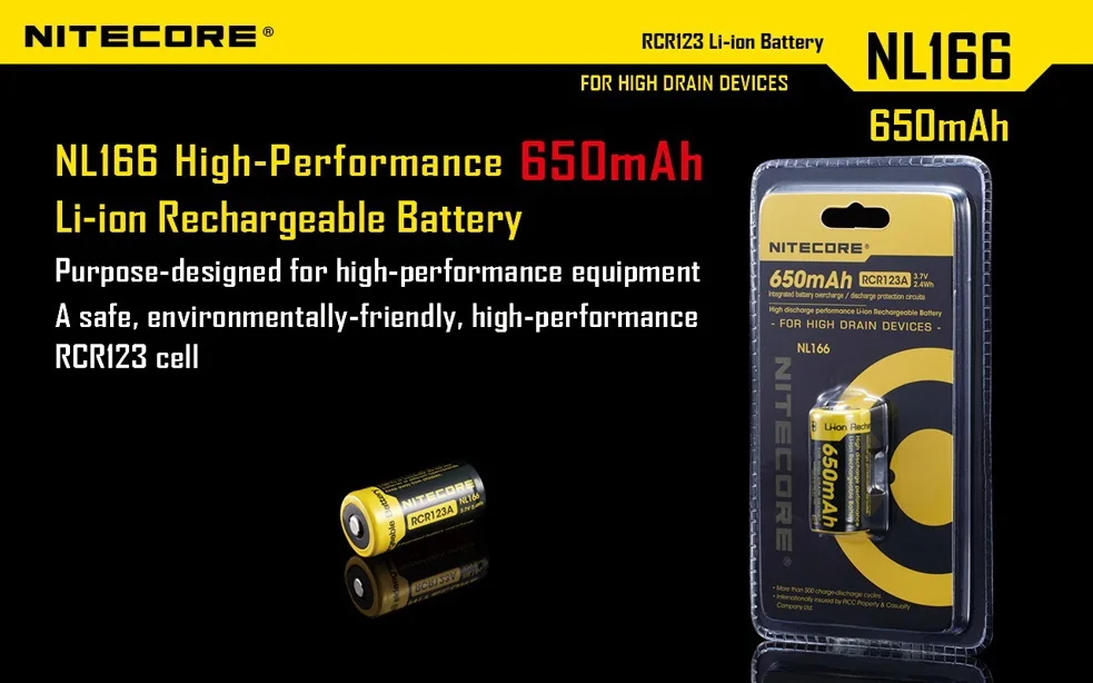 Литий ионный перезаряжаемый аккумулятор NiteCore NL166 RCR123A(16340) 3 7 V 650mAh 3A с защитой