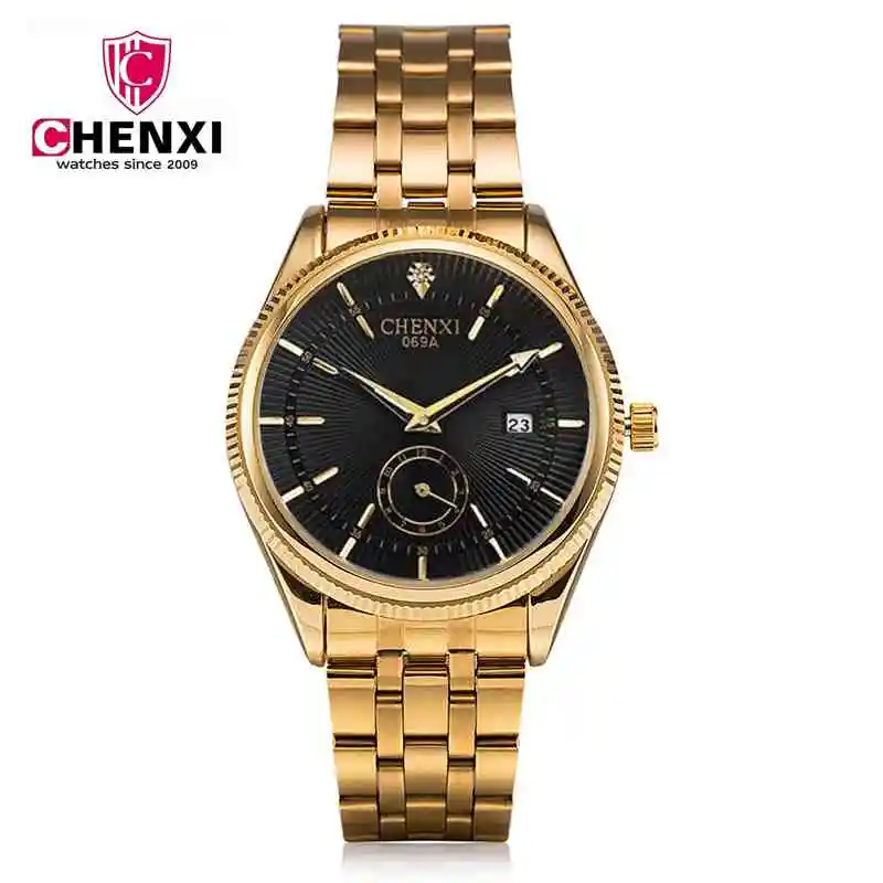 

Часы наручные CHENXI Мужские кварцевые, модные брендовые роскошные золотистые деловые повседневные водонепроницаемые, 069A