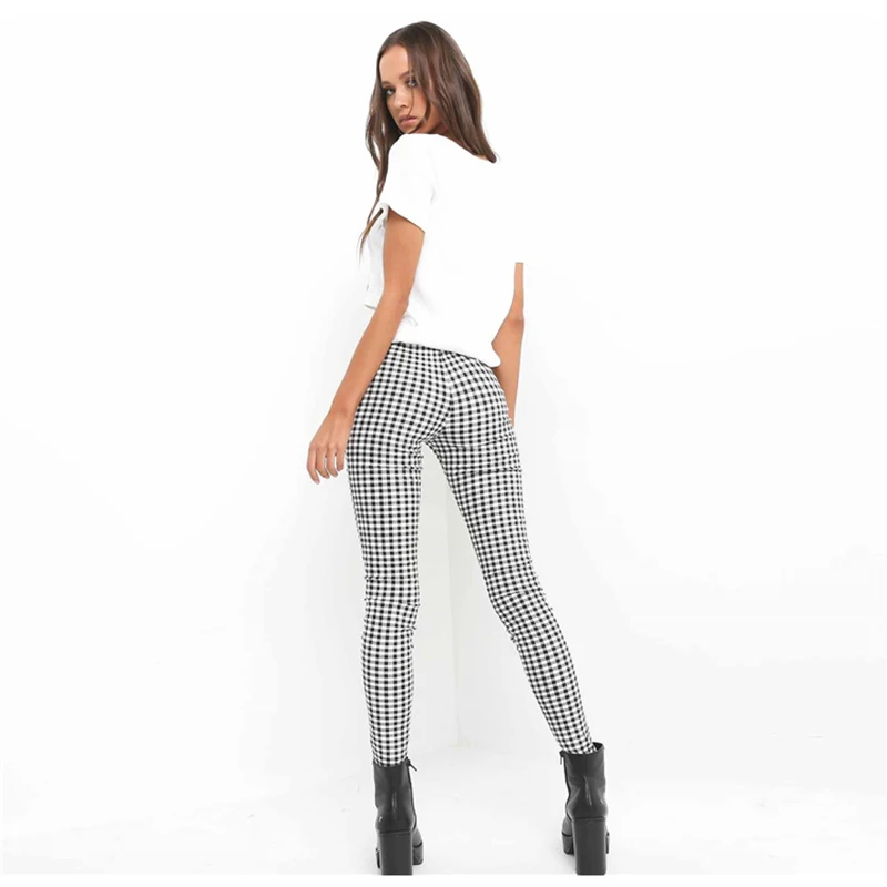 Для женщин брюки черный белый цвет плед молния узкие штаны в полоску Уличная