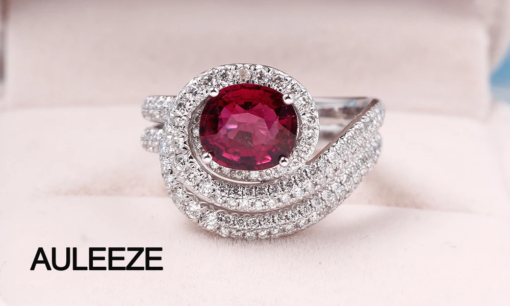 AULEEZE 1.5CT овальной огранки натуральный Rubellite красное кольцо с турмалином настоящий бриллиант 18 K белые золотые обручальные кольца для женщин ювелирные украшения