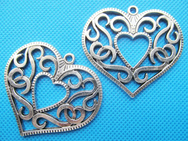 Большие тяжелые подвески/фурнитура в виде сердца из филиграни серебристого