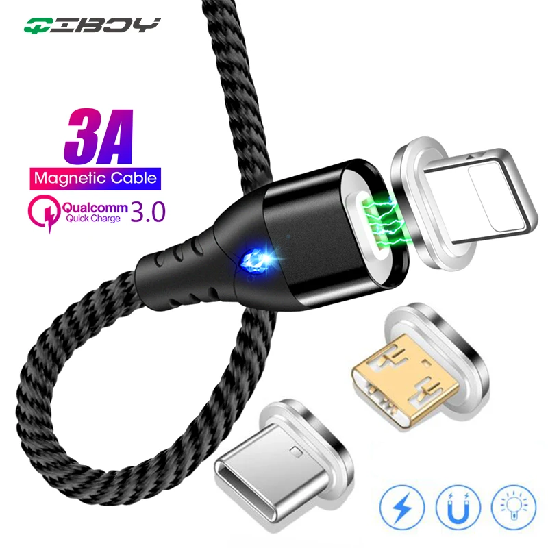 Магнитный кабель Micro USB Type-C для iPhone XS освещения 1 м 3 А быстрой зарядки Samsung S8 кабели