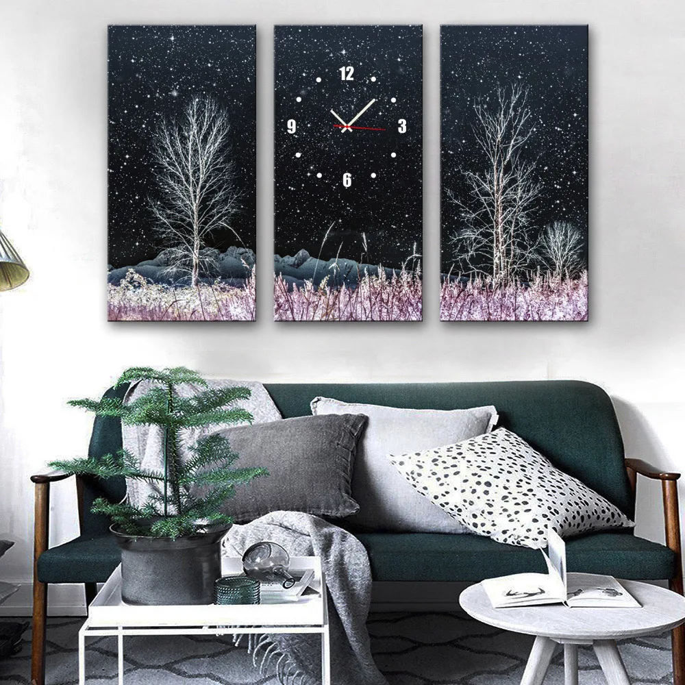 Бесплатная доставка технические часы заснеженные лес холщовые 3 шт. настенные