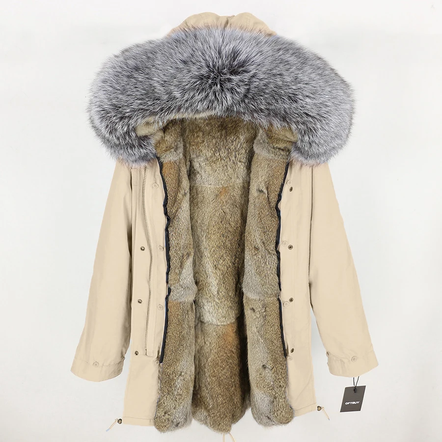 15 OFTBUY, пальто с натуральным мехом, зимняя куртка, Женская длинная парка, натуральный мех серебристой лисы, воротник с капюшоном, подкладка из натурального кроличьего меха, Толстая теплая брендовая - Цвет: 15