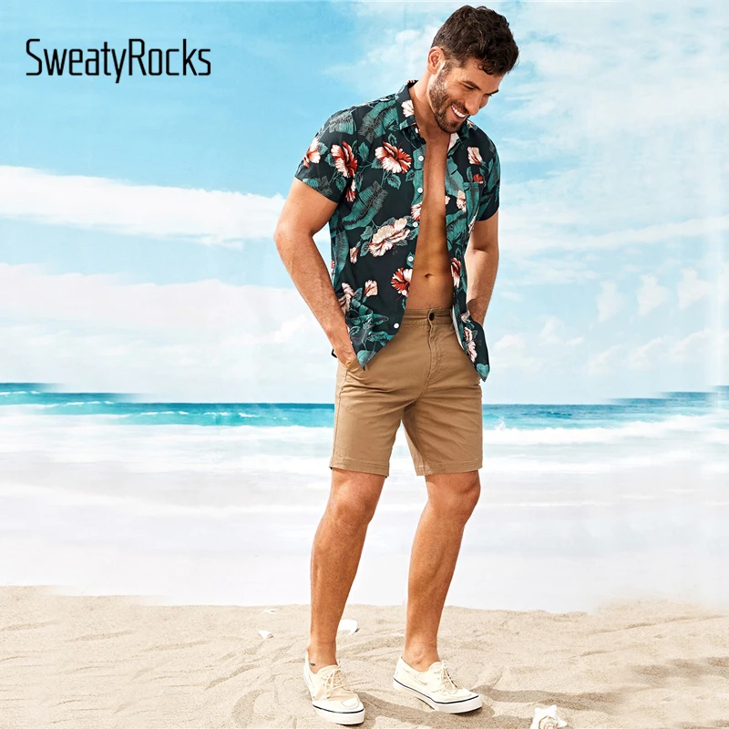 SweatyRocks Мужская тропическая и цветочная рубашка с принтом праздничный короткий рукав Бохо майки Летние повседневные рубашки на пуговицах
