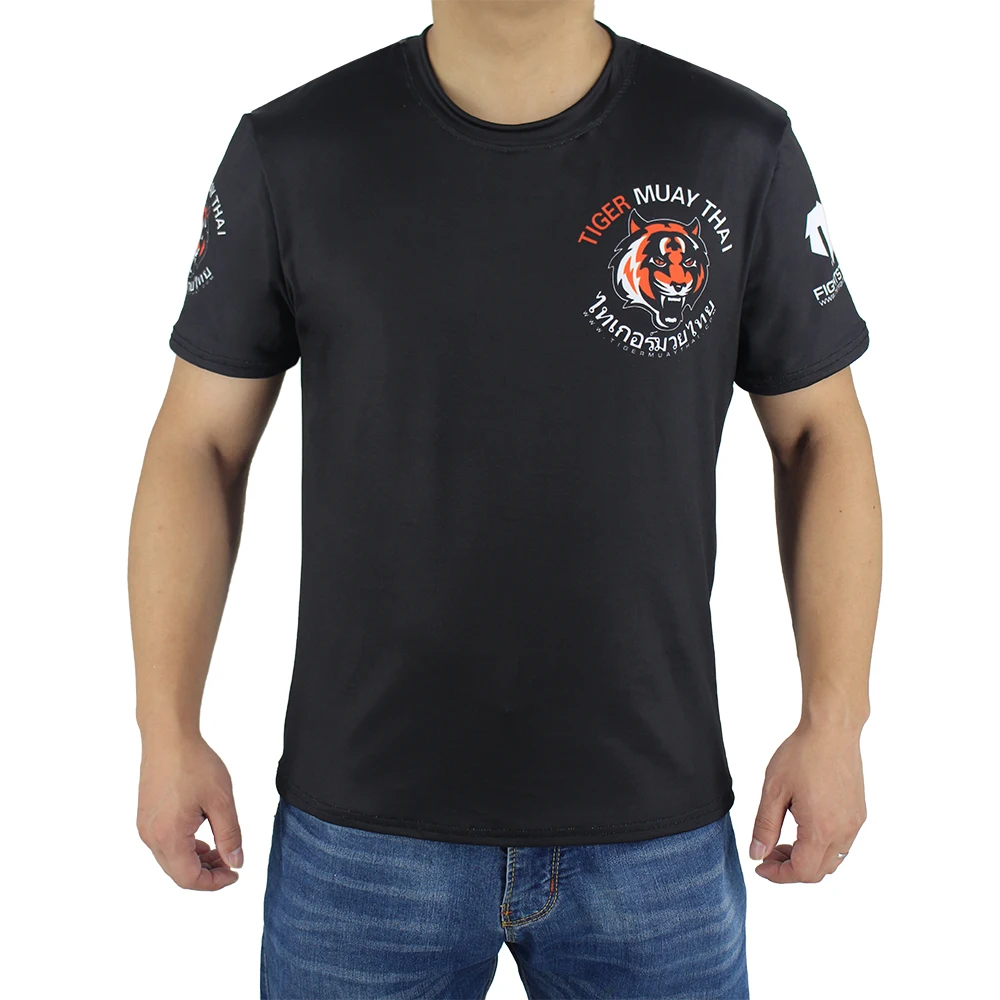 Black stretch fabric fitness sports fierce t shirt MMA Boxing jerseys tiger muay thai rashguard jiu jitsu sauna suit king boxing