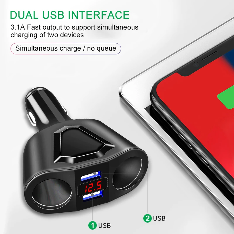 Автомобильное зарядное устройство с двумя usb портами 5 в 3 1 А + 2 гнезда для