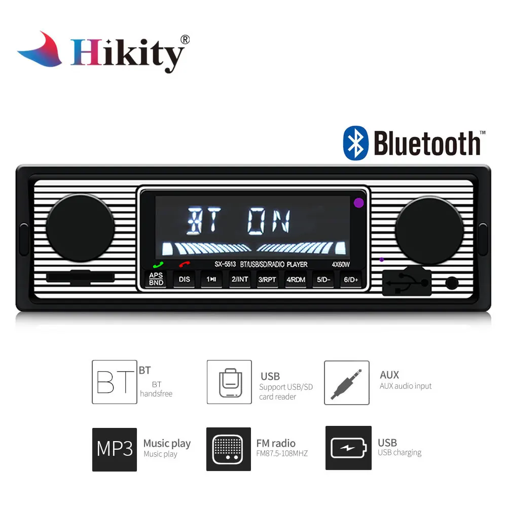 Автомагнитола Hikity, Bluetooth, 1 Din, автомагнитола, Bluetooth, Ретро стиль, авто стерео, MP3 плеер, стерео, USB, AUX, SD, классический автомобильный стерео аудио
