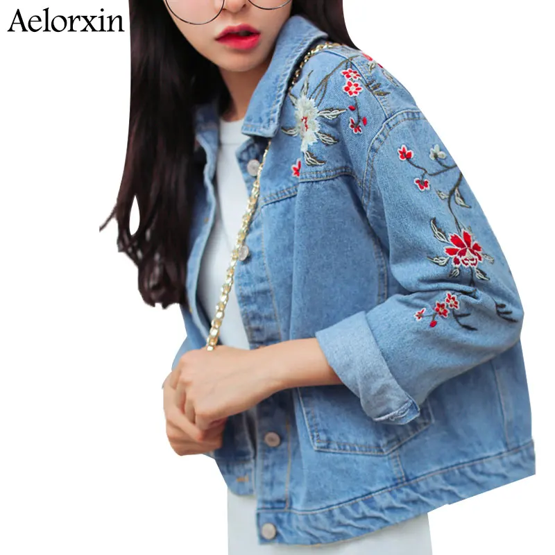 Aelorxin 2019 Весенняя женская джинсовая куртка Винтажная с цветочной вышивкой в стиле