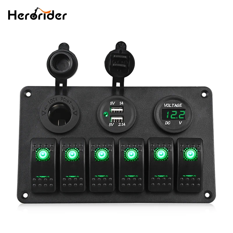 

Herorider Switch Panel 5V Dual Usb Car Charger Voltmeter 6 Gang Auto Boat Marine Cigarette Lighter Blue Led Rocker Switch Panel