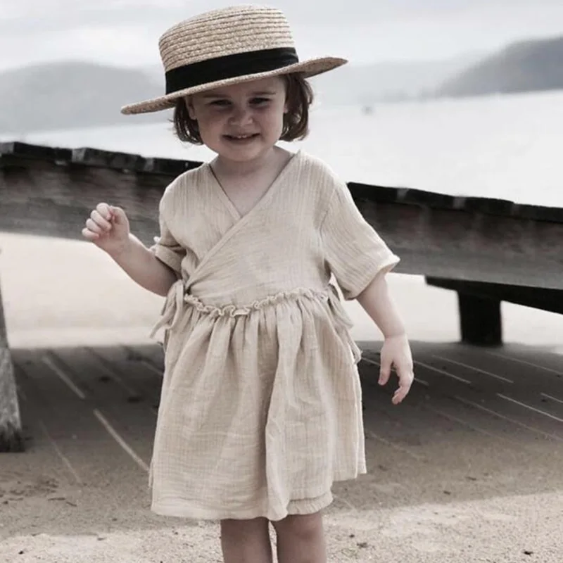 2019 Summer Baby Girl Dress Loose Ruffles Cotton Linen short Sleeve Teens Dresses Casual Kids Outfits Princess Children Clothing | Детская