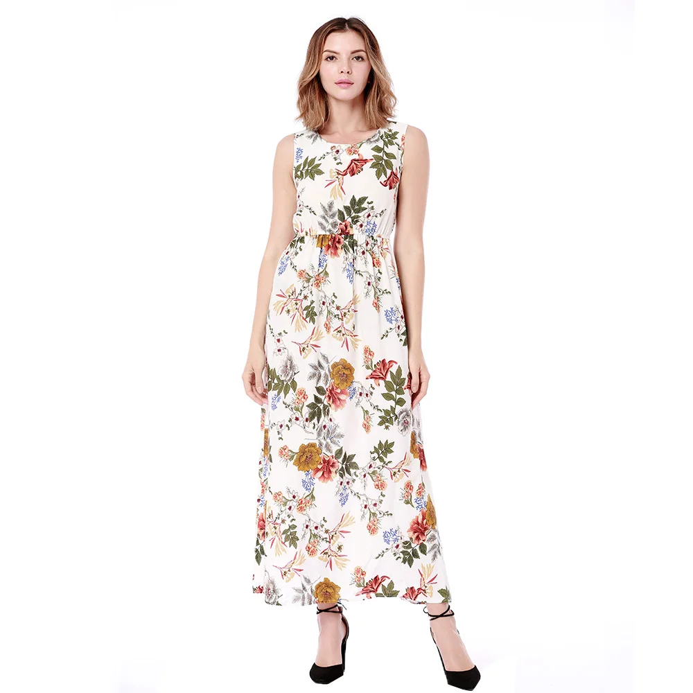 Модные женские туфли Цветочный принт Летнее Длинное Платье Винтаж без рукавов