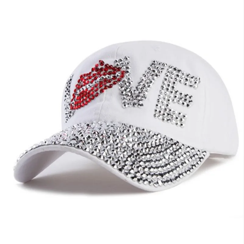 Love rhinestone crystal Hat women Denim baseball cap Vintage Female Sexy lips jean hats Point drill pearl cowboy caps RC1062