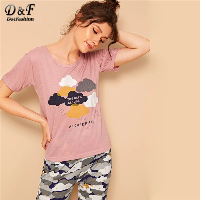Dotfashion, летние пижамы для женщин, с принтом облаков и звезд, топ и штаны, набор,, короткий рукав, пижама, женские длинные пижамные комплекты