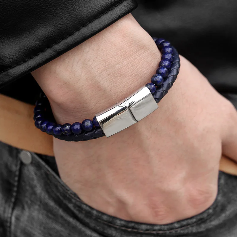 4 цвета браслет из натуральной кожи для мужчин натурального камня с бусинами