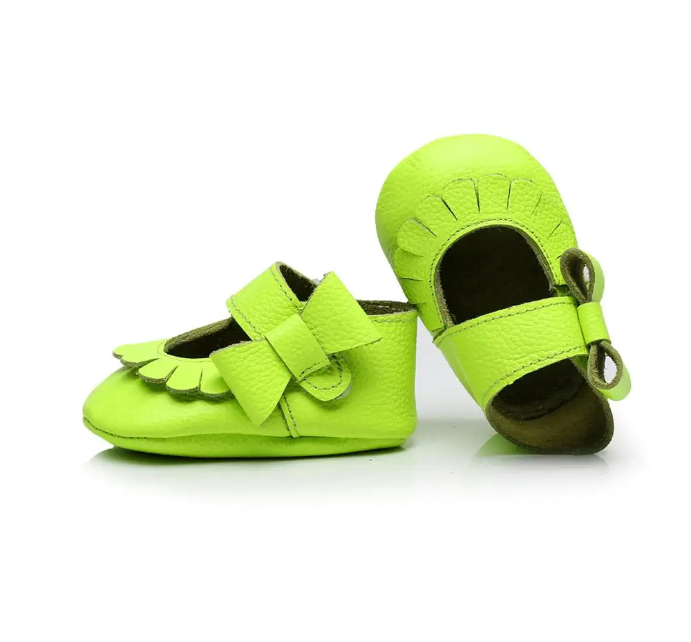 Fluorescent green Hongteya горячая Распродажа 17 видов цветов Новые Натуральная кожа Младенческая малышей Мокасины Нескользящие сбоку бантом Мэри Джейн мягкой Moccs обувь - Цвет: Fluorescent green