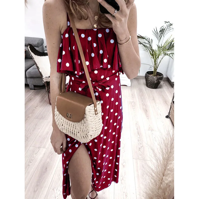 Boho женское сексуальное пляжное платье с разрезом сбоку в горошек бандо летние